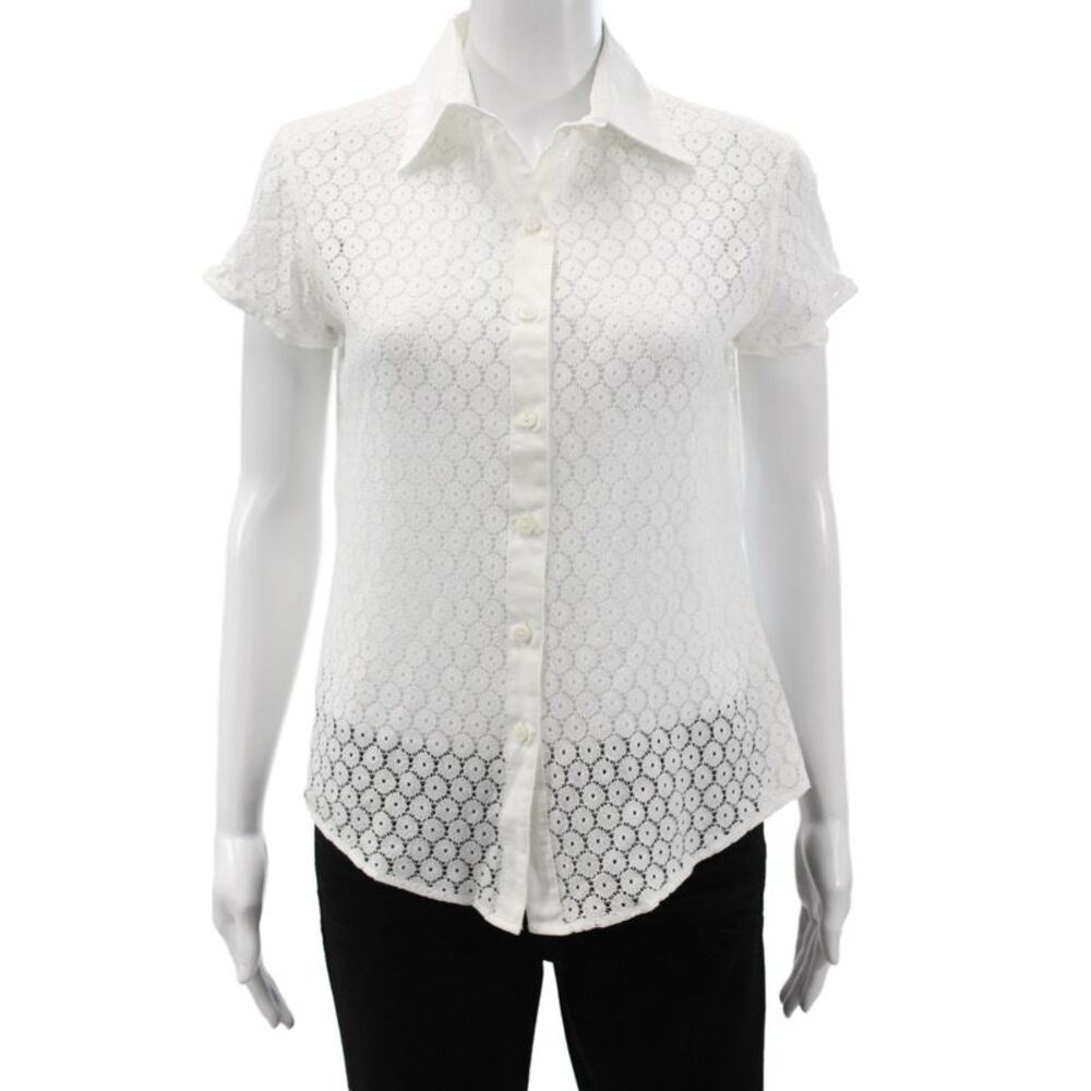 Jill McGowan Womens White Cotton Collared Button Up Blouse Short Sleeve Size XS